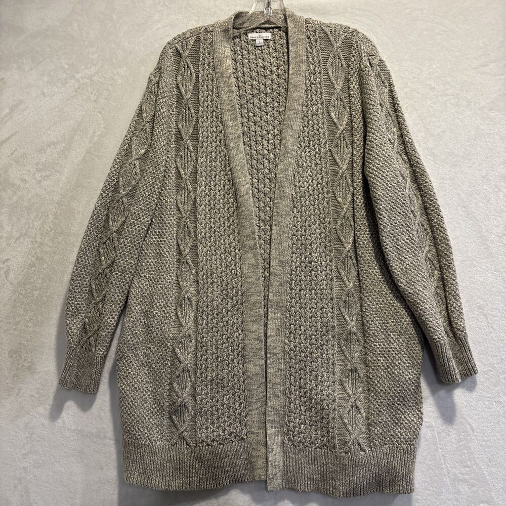 LL Bean Signature Women's Large Grey Cream Long Cable Knit Open Front Cardigan